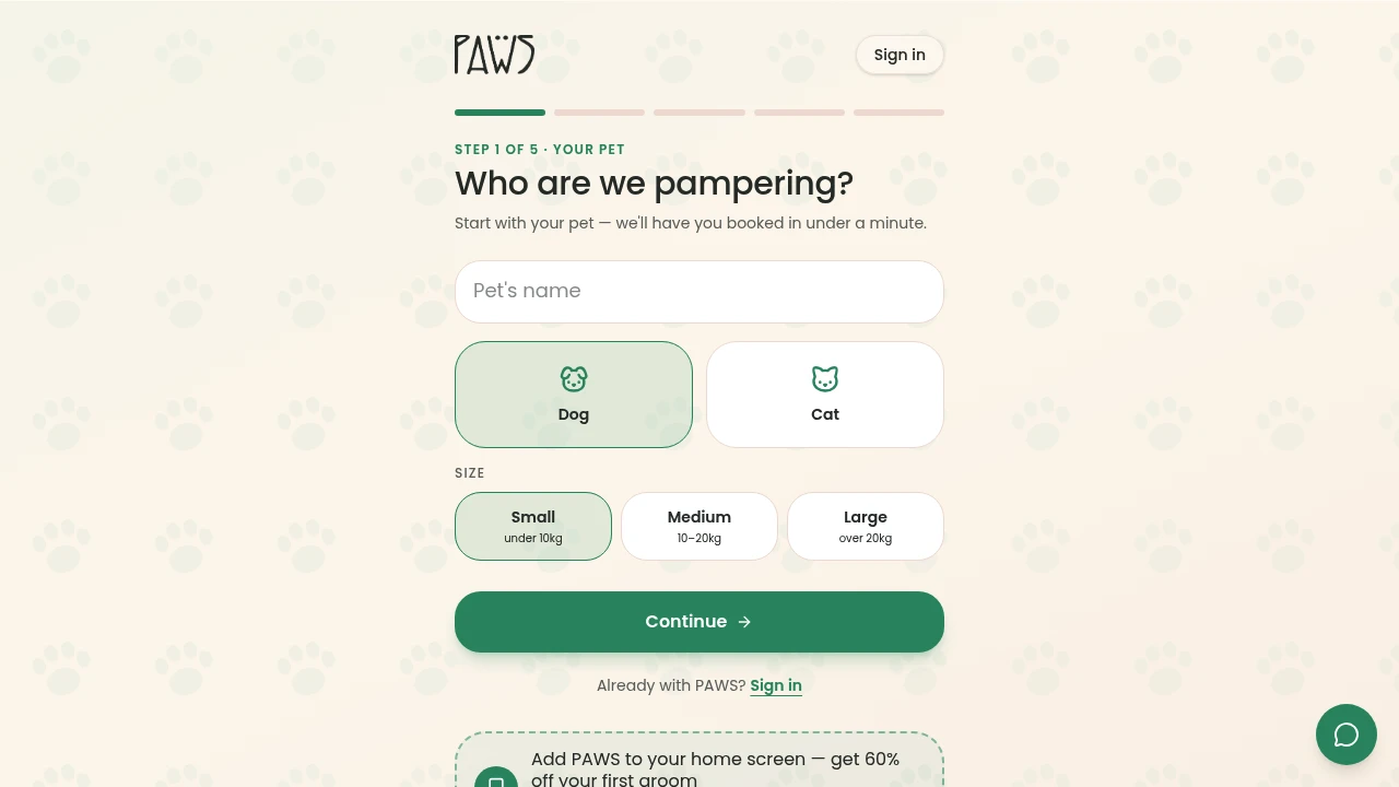 Screenshot of PAWS website
